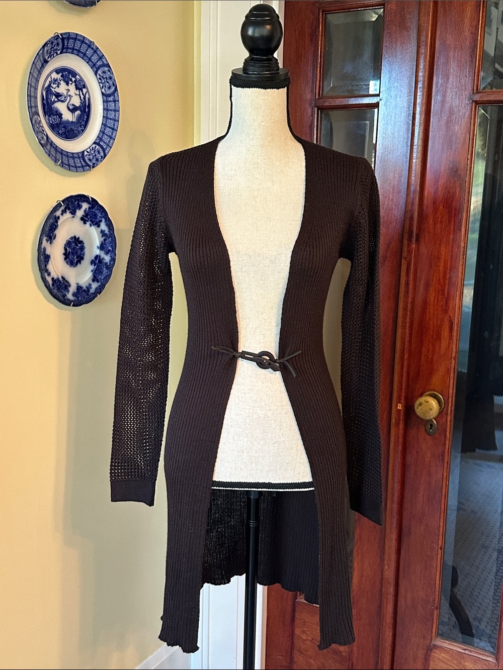 LO RI | Chocolate Brown Wool Blend Ribbed Duster Cardigan with Closure, Size S